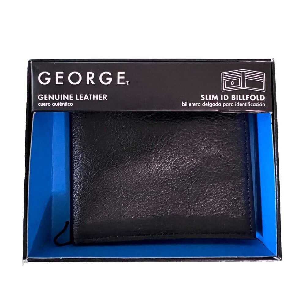 NEW George Mens Black Genuine Leather Slim ID Bifold Billfold Wallet Card Holder